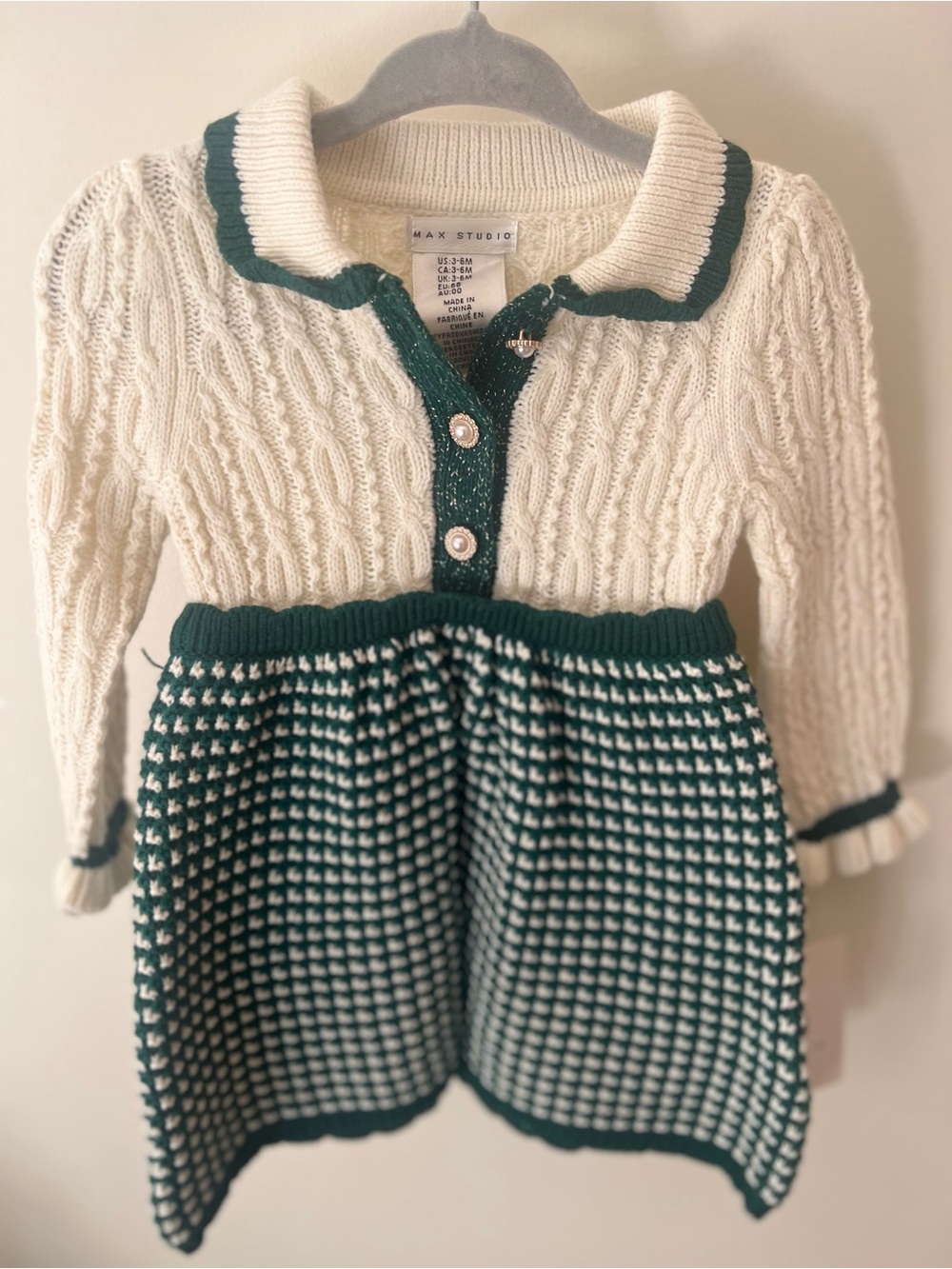 Max Studio Cream and Dark Green Knit Polo-Style Dress